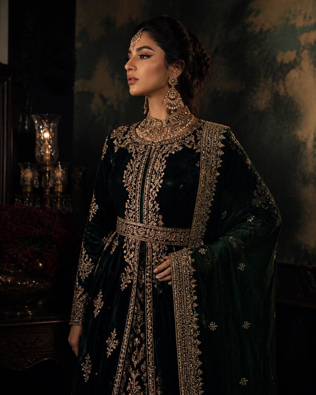 Editorial portrait — emerald velvet